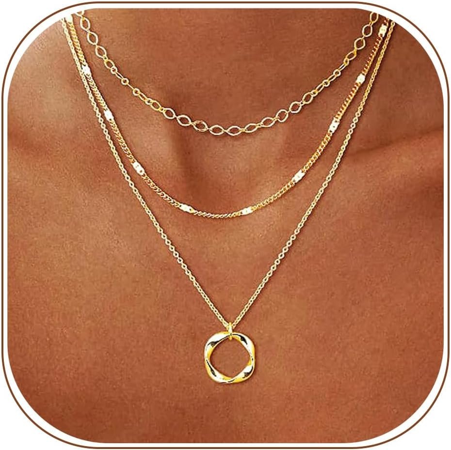 14K Gold Plated Layered Necklaces for Women Trendy, Stackable Dainty Gold Plated Chain Necklace Layering Beach Cute Fashion Pendant Choker Necklaces Jewelry Set Gifts for Women