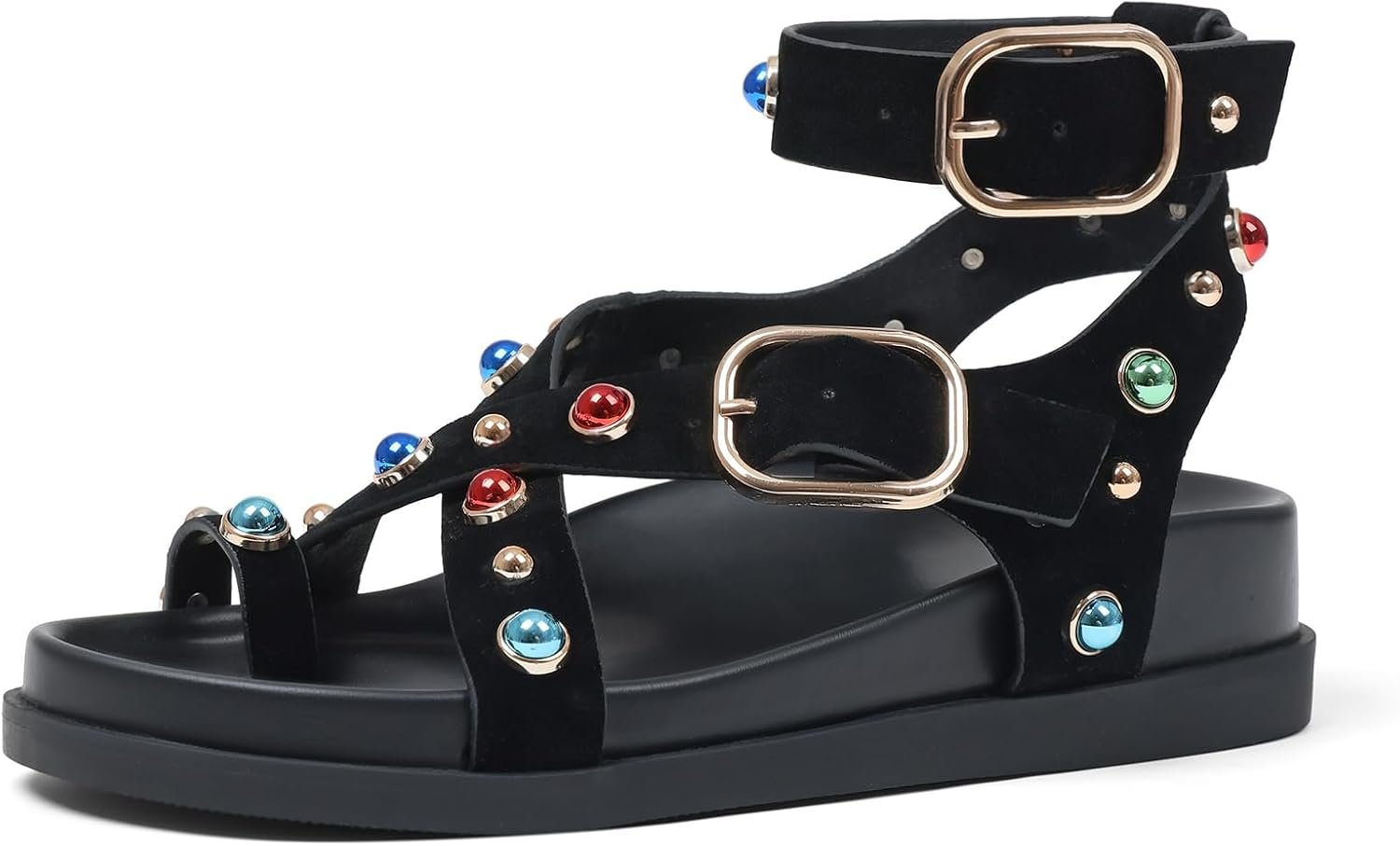 CELNEPHO Womens Sandals Ankle Wrap Molded Footbed Flat Sandals Platform Wide Width with Rhinestone Studs Bohemian Retro Beach Summer Shoes