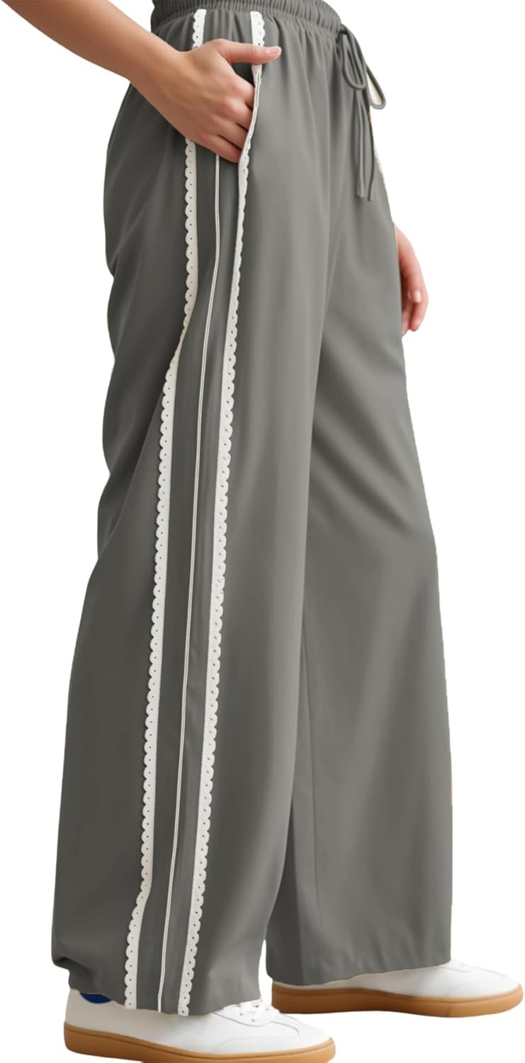 Yeokou Women’s Wide Leg Sweatpants Side Stripe Crochet Slip on Drawstring Casual Running Track Palazzo Pants with Pockets