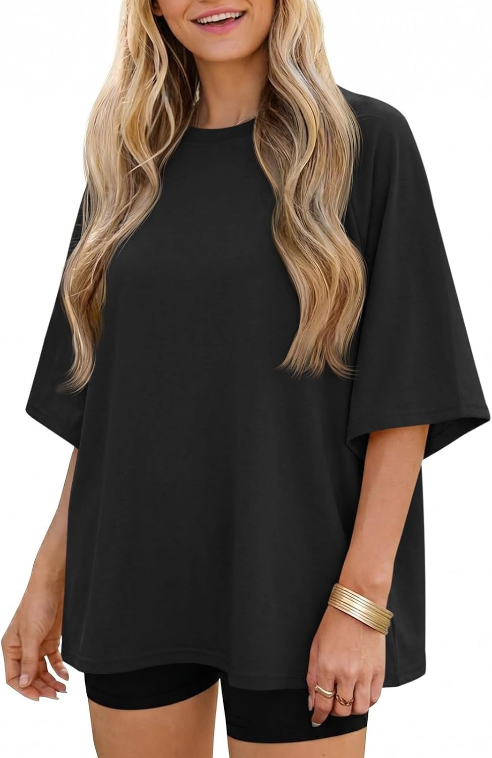 Tankaneo Womens Oversized Half Sleeve T-Shirts Trendy Casual Baggy Loose Fit Tops Summer Crew Neck Tees Shirts
