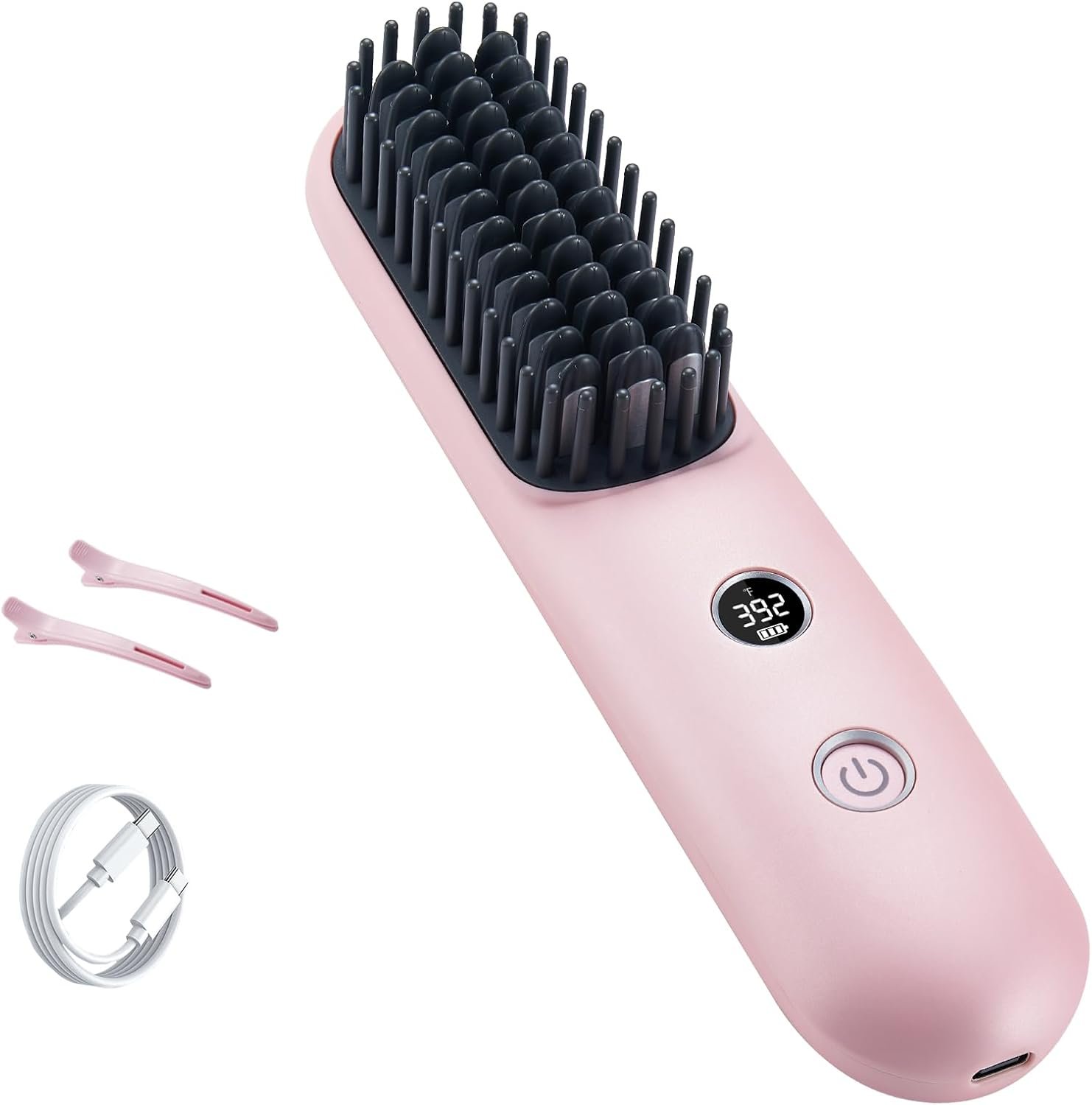 STUDLLY LCD Screen Cordless Hair Straightener and Curler 2 in 1, Rechargeable Portable Mini Travel Negative Ionic Hair Straightening Brush for Women, Fast Heating Hot Comb for Women, Pink