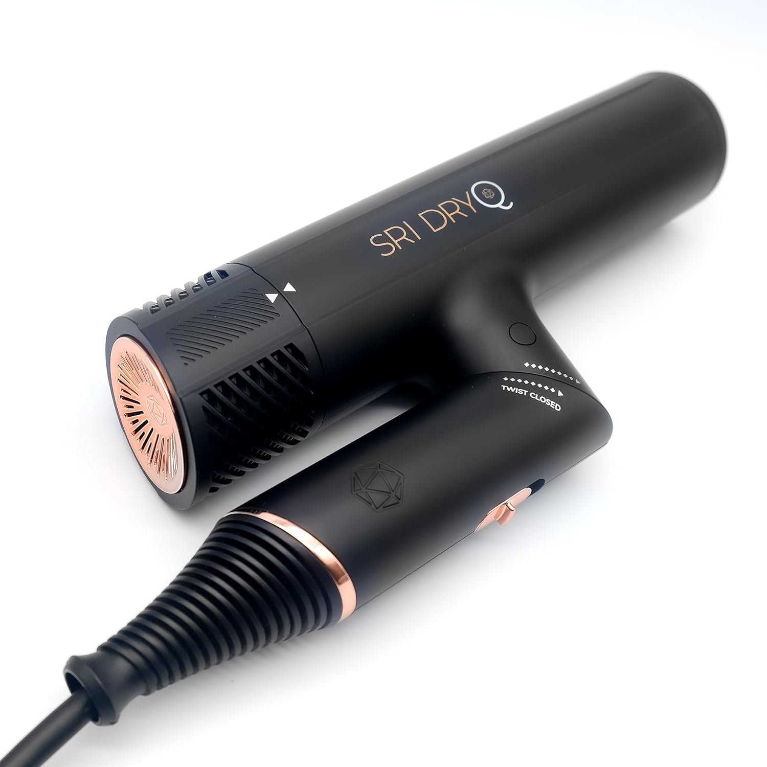 SRILabs DryQ “Smart” Hair Dryer – Super Lightweight, Foldable – Powerful, Quiet Motor – Infrared and Ionic Technology – 3 Magnetic Attachments – Heat Control with Locking Switch