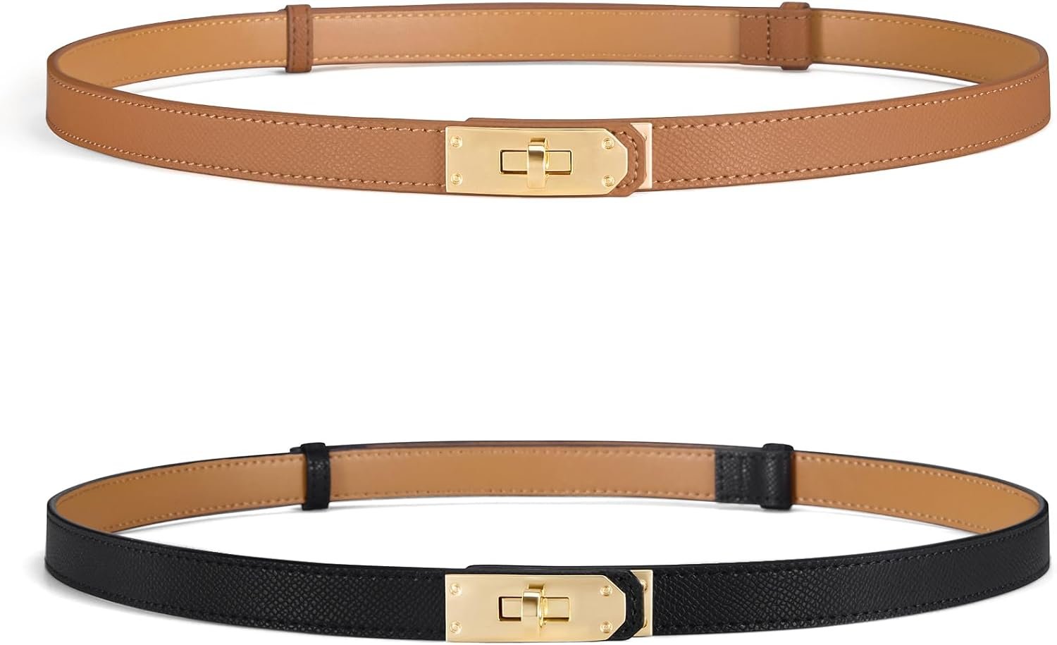Women’s Skinny Leather Belt with Gold or Silver Turn-Lock Buckle – Adjustable Thin Belt for Dresses, Office & Wedding
