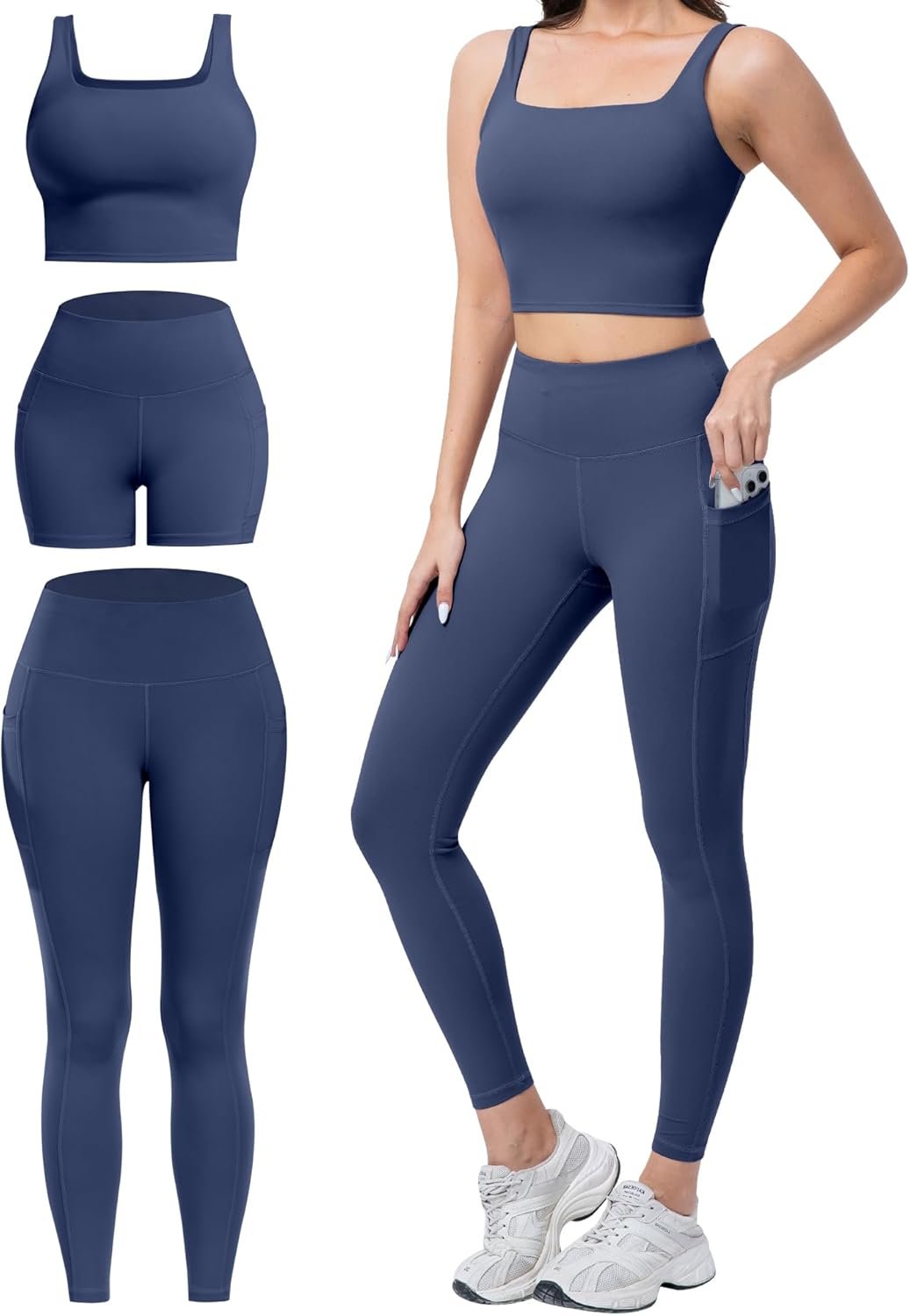 3 Piece Workout Sets for Women High Waisted Leggings with Pockets Tummy Control Biker Shorts Yoga Sports Bra