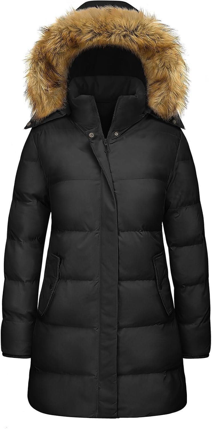 Women’s Winter Puffer Coat Warm Thicken Jacket with Faux Fur Removable Hood Windproof Parka Outwear