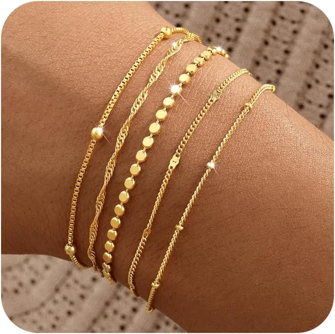 Gold Bracelets for Women, 14K Gold Plated Stackable Bracelet Stack Set Adjustable Charm Paperclip Chain Snake Link Layered Waterproof Jewelry Sets Gifts