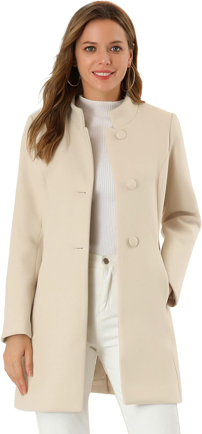 Allegra K Women’s Winter Overcoat Mid-Long Stand Collar Single Breasted Coat Outerwear