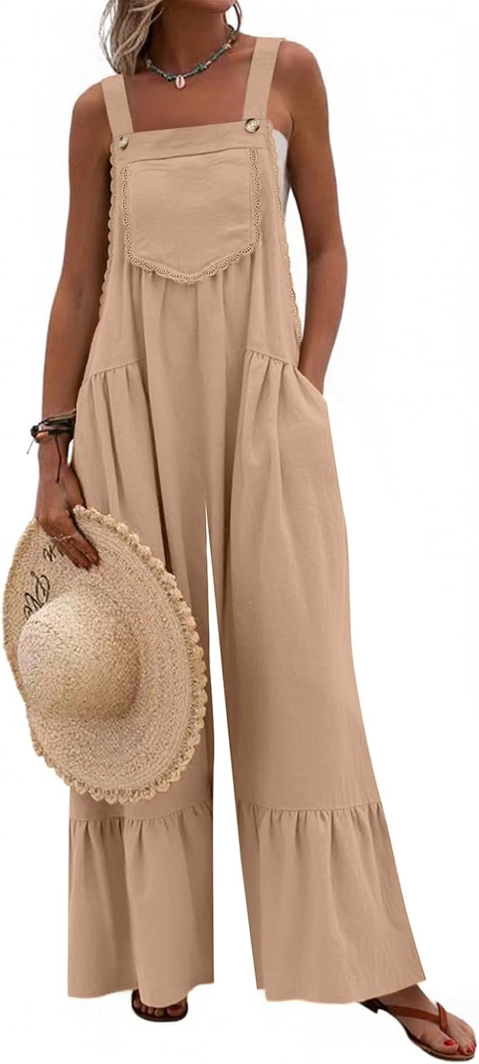 Dokotoo Women’s Lace Casual Overalls Summer Jumpsuit Loose Baggy Wide Leg Ruffle Pants Rompers with Pockets