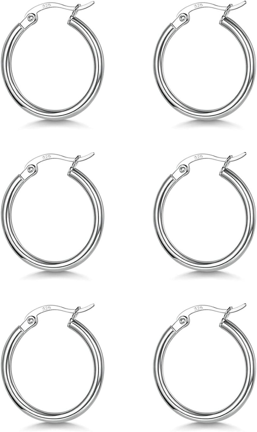 3 Pairs 925 Sterling Silver Hoop Earrings | Small White Gold Plated Hoop Earrings for Women (13mm,15mm,20mm，25mm,30mm,40mm,50mm,60mm)