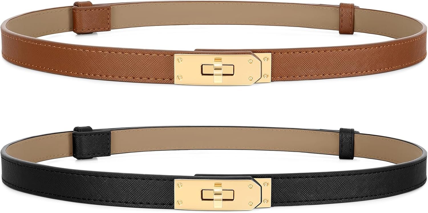 2 Pack Women Skinny Leather Belt for Dresses Jeans Solid Color Alloy Turn Lock