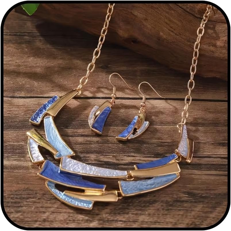 Boho Geometric Statement Jewelry Set for Women, Blue Enamel Chunky Gold Necklace Earrings Retro Vintage Layered Chunky Collar Fashion Jewelry Gifts