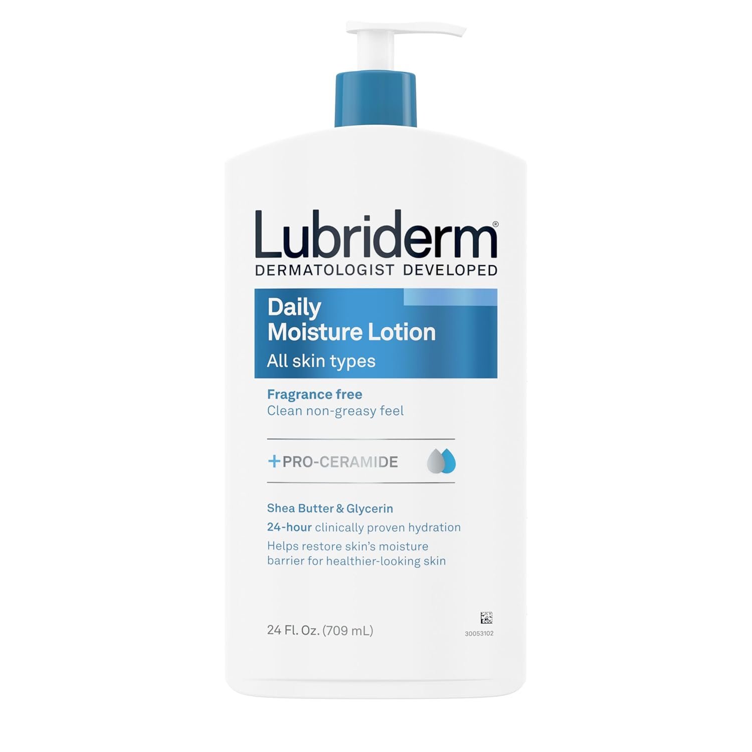 Lubriderm Fragrance Free Daily Moisture Body Lotion + Pro-Ceramide, Unscented Lotion, Body Lotion for Dry Skin, Shea Butter, Glycerin, Non-Greasy 24-Hour Moisturizer, Paraben & Dye Free, 24 Fl Oz