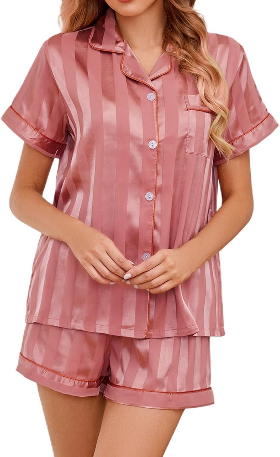 Brezzistaxs Silk Satin Pajamas for Women Button-Up Silk PJ Set Notch Collar Satin Pajama set – 2 Piece Satin Pjs