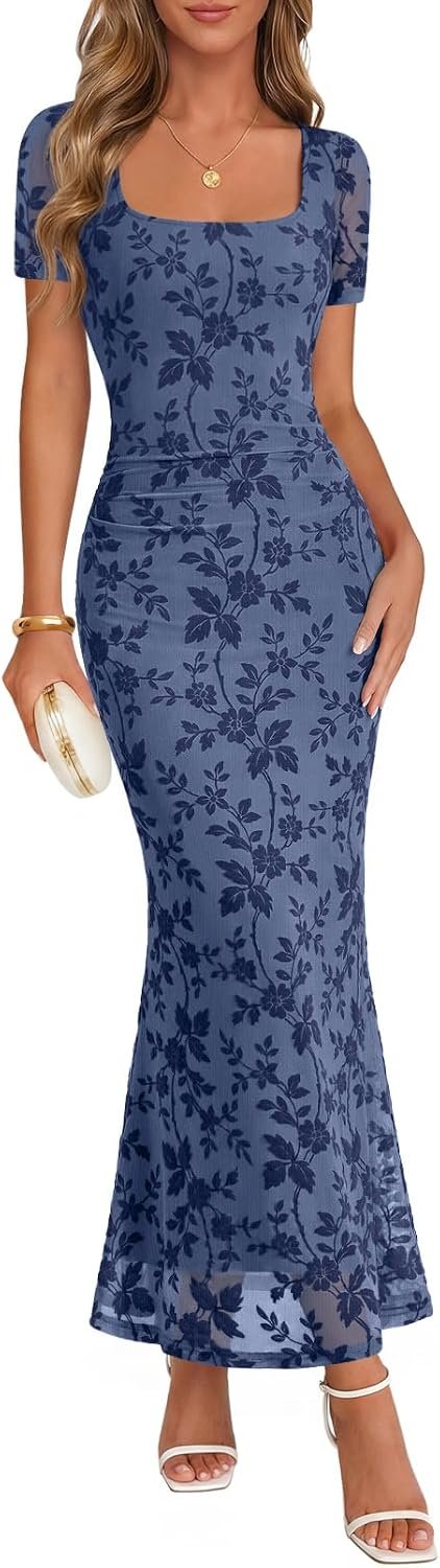 MEROKEETY Women Summer Floral Wedding Guest Maxi Dress 2026 Formal Short Sleeve Square Neck Bodycon Cocktail Party Long Dress