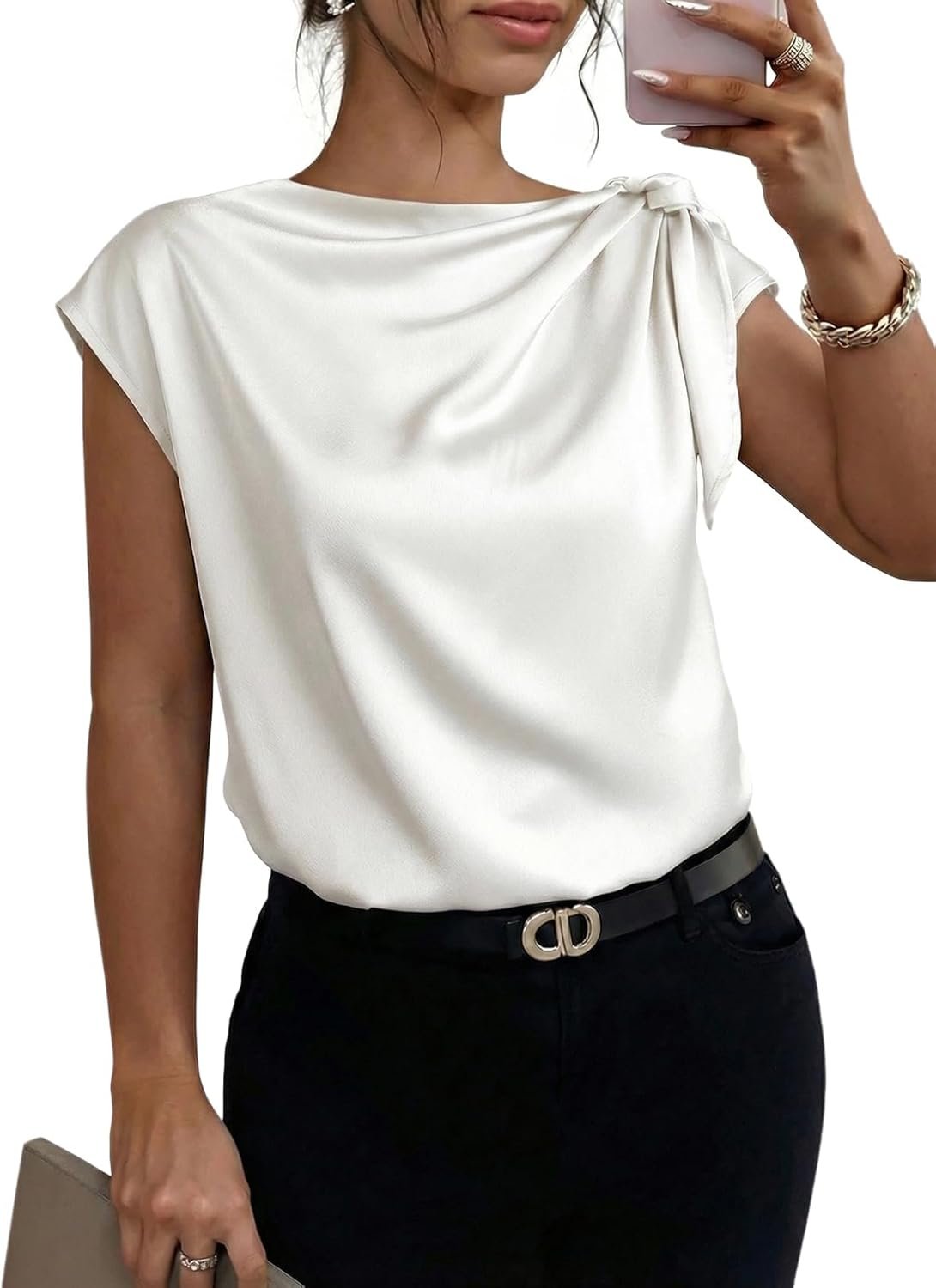 Dokotoo Womens Tops Dressy Casual Elegant Bow Tie Neck Short Sleeve Blouses Spring Office Work Business Outfits Shirts