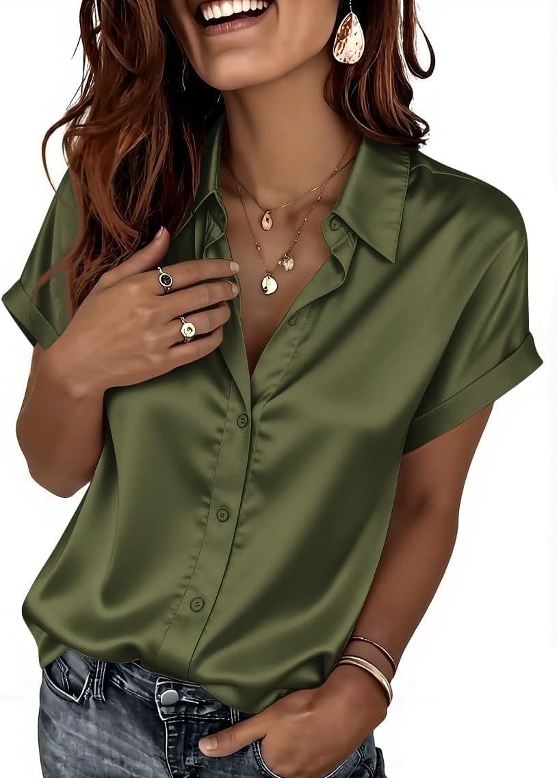 Zeagoo Satin Blouses for Women Silk Button Down Shirts Short Sleeve Tops Work Business Casual Summer Outfits