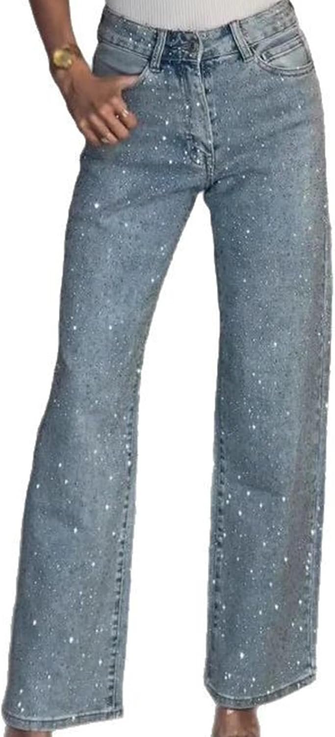 LETSVDO Women’s Rhinestone Jeans Baggy High Waisted Y2k Straight Wide Leg Sparkly Glitter Bling Denim Pants Trousers