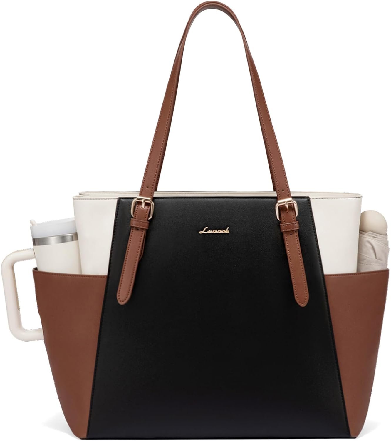 LOVEVOOK Laptop Tote Bag for Women With Large Cup Holder, Leather Work Tote Bag for Women,15.6 Inch Professional Computer Briefcase Business Teacher Commuter Shoulder Bag,Office Travel Gift