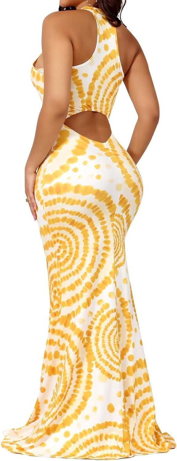 EDITCOZY Women Sexy Bodycon Maxi Dress Tie Dye Beach Summer Dresses Halter Backless Vacation Long Sundress