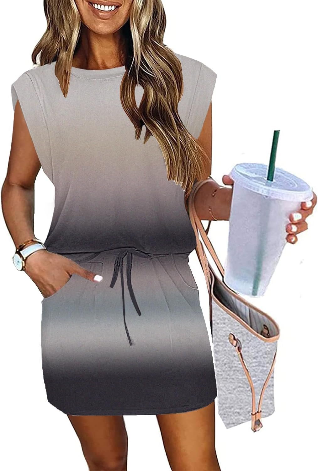 ETCYY NEW Womens Cap Sleeve Summer Dress Crew Neck Tie Front A-Line Dresses Double Layer Hem Mini Dress