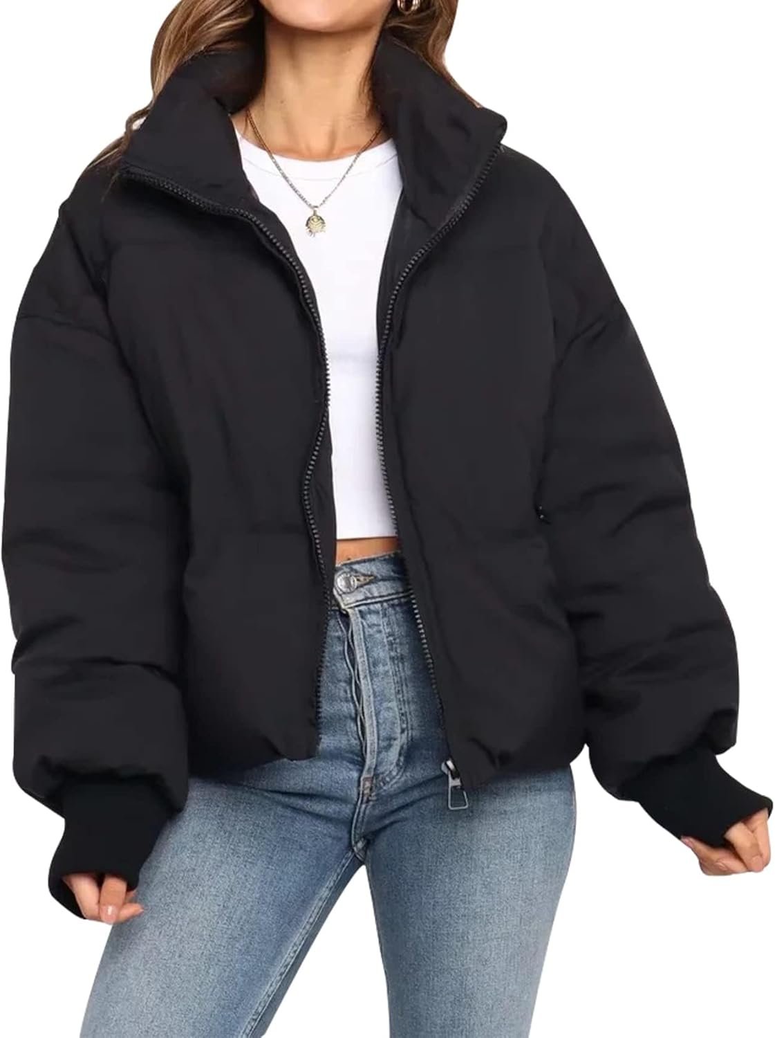 Flygo Winter Cropped Puffer Jacket Coats for Women 2025 Short Warm Quilted Jackets Outerwear with Pockets