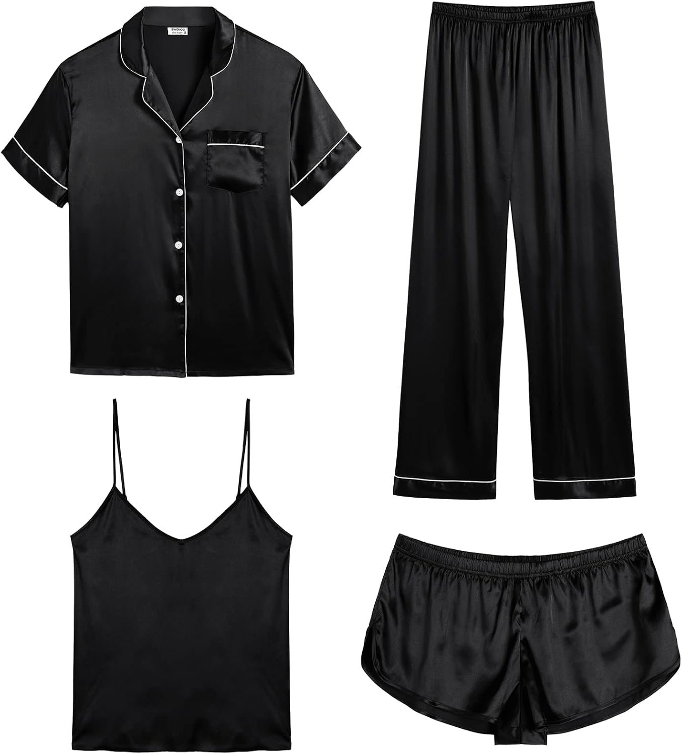 SWOMOG Womens Silk Satin Pajamas Sets 4pcs Sleepwear Sexy Cami Shorts Set and Button Down Short Sleeve Pjs Loungewear