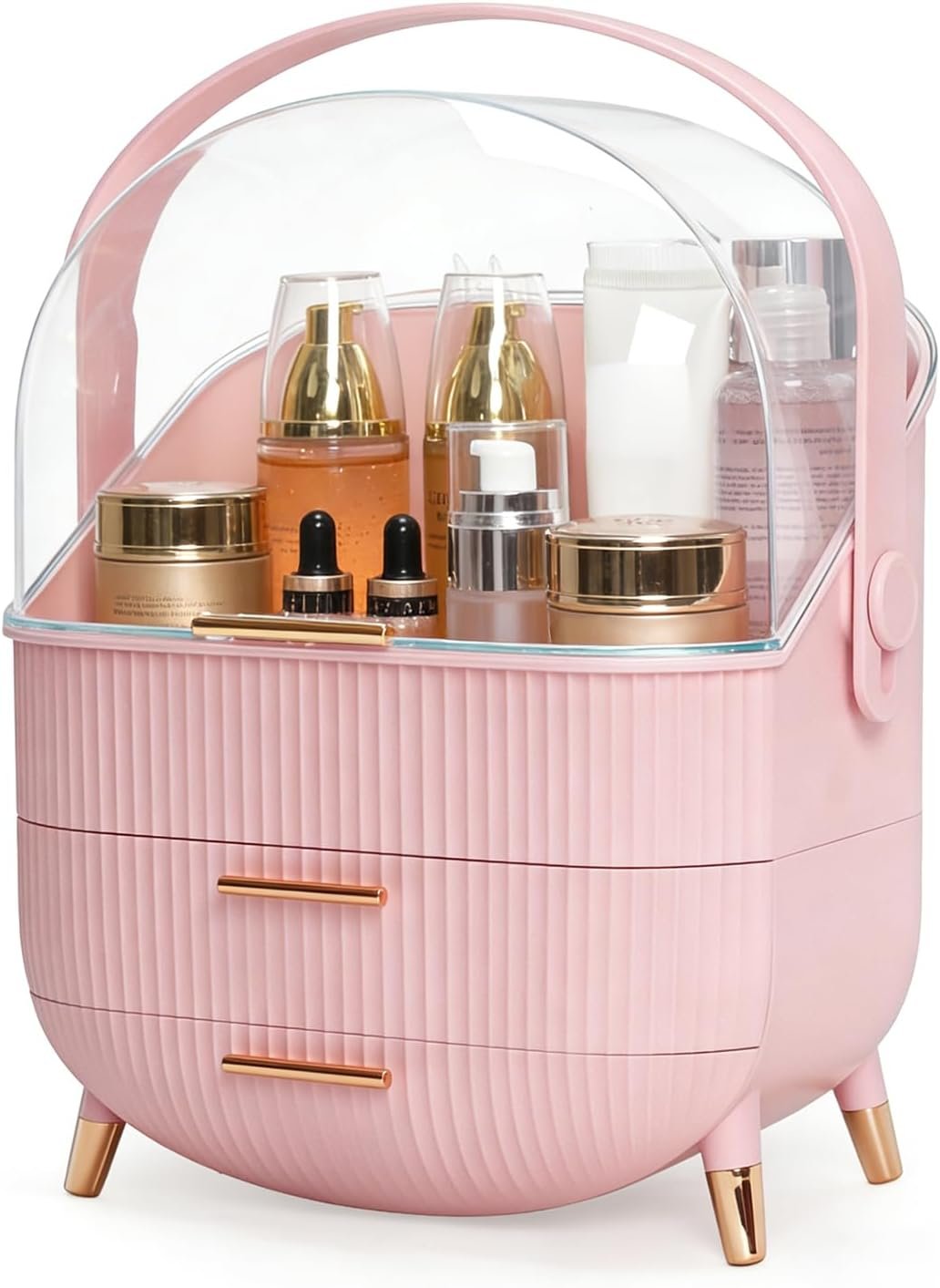 Makeup Organizer with Drawers & Lid – Portable Large Cosmetic Storage Case for Vanity Countertop, Travel, Gift for Women, Girls, 11″×7″×15″, Pink