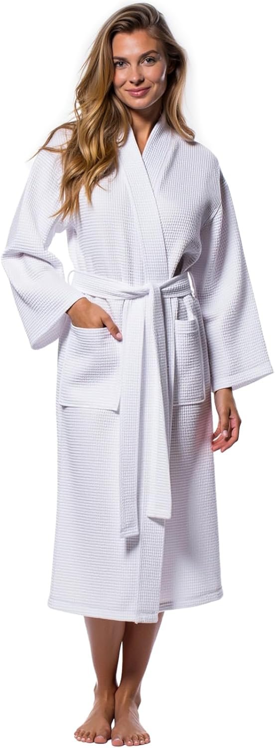 Turquaz Lightweight Waffle Knit Kimono Bathrobe – Soft Cotton Blend Spa Robe, Fast-Drying Full-Length Unisex Robes for Women