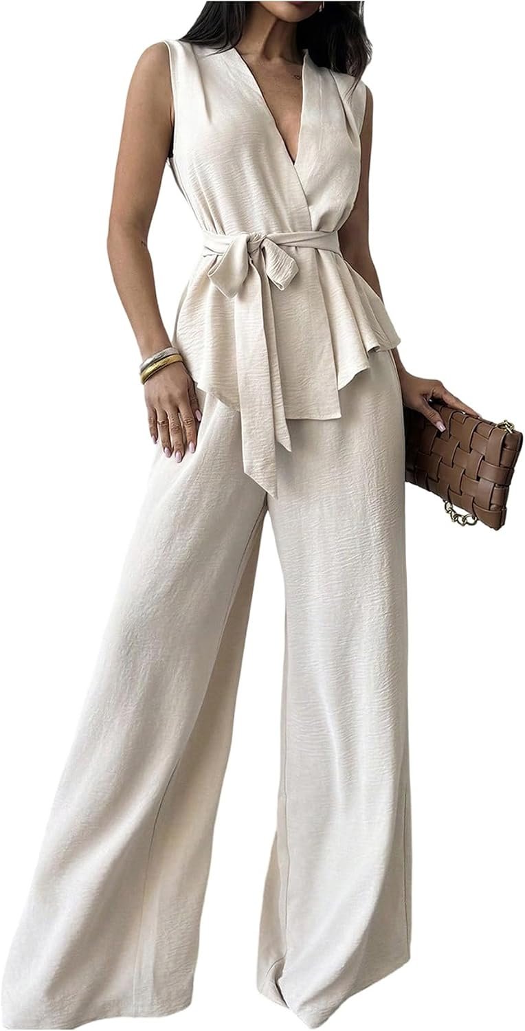 Verdusa Women’s 2 Piece Old Money Clothes Tie Waist Wrap Vest with Dress Pants Clothing Sets