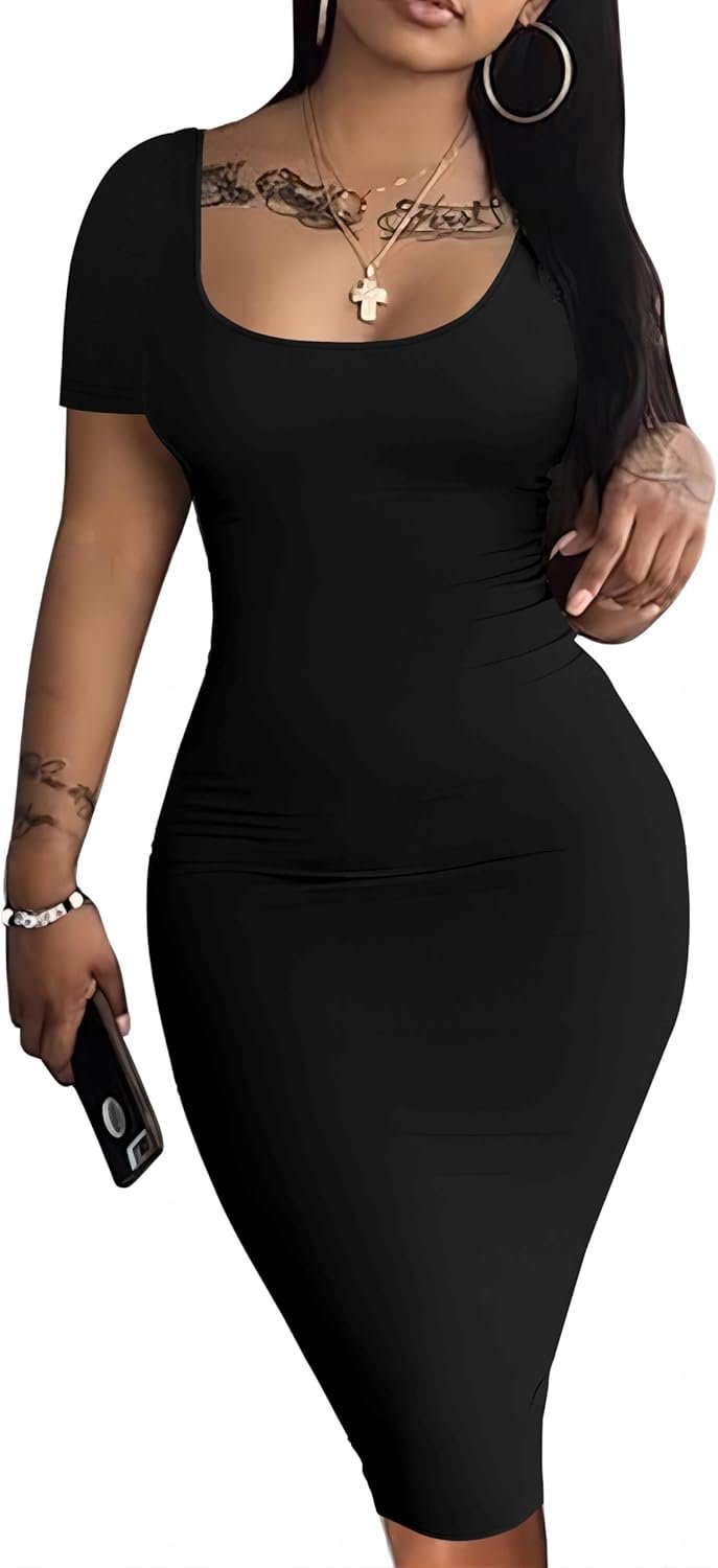 Nimsruc Womens Summer Casual Sexy Short Sleeve Bodycon Dress Basic Pencil Midi Club Dresses