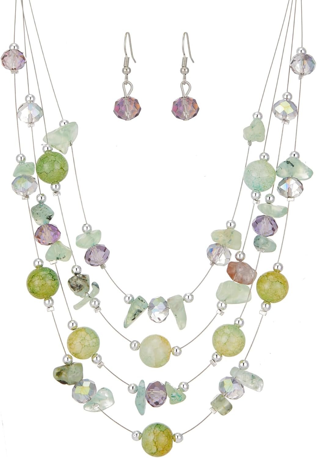 Layered Chunky Statement Necklace for Women Colorful Boho Beaded Necklaces and Earring Set Fashion Costume Jewelry for Women