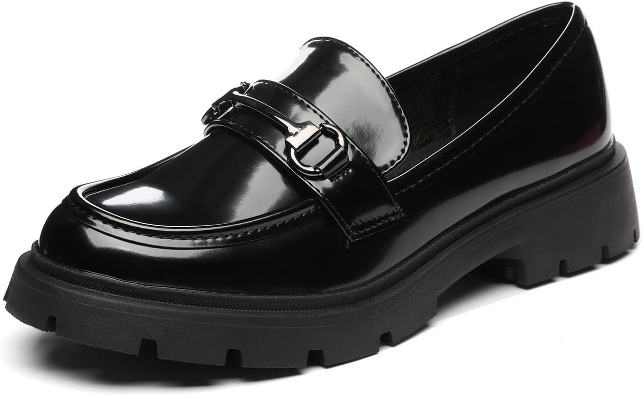 Women’s Chunky Platform Loafers with Buckle Patent Leather Black Penny Loafers Fashion Office Work Business School Dressy Casual Shoes Comfortable Slip-on