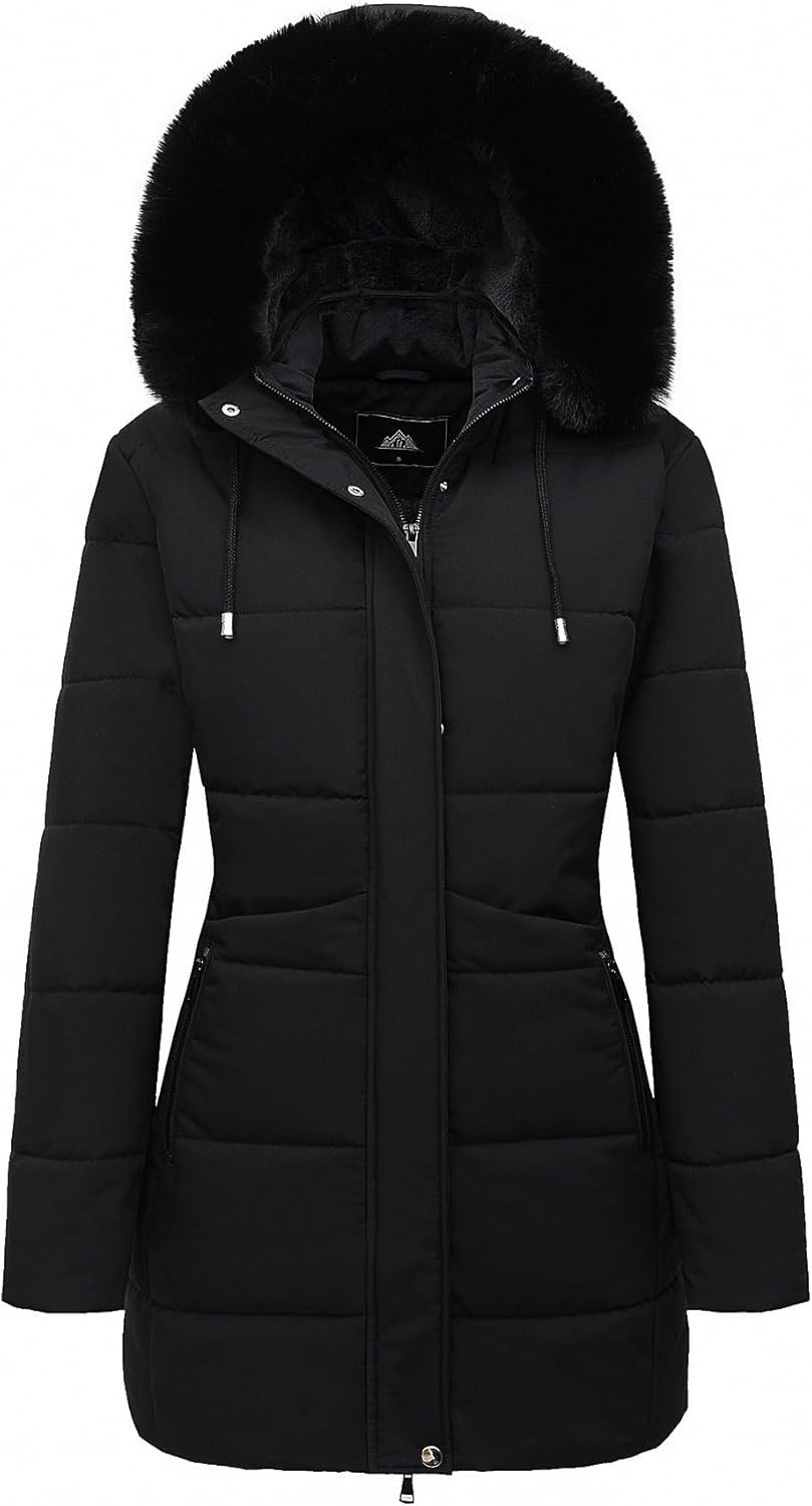 MOERDENG Women’s Winter Puffer Coat Thicken Fleece Lined Down Jacket Waterproof Faux Fur Detachable Hooded Parka