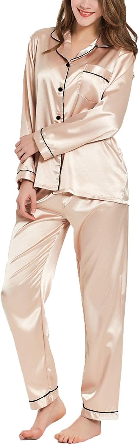 SWOMOG Womens Silk Satin Pajamas Set Long Sleeve Button Down Sleepwear 2 Piece Lounge Set Pj Set XS-3XL