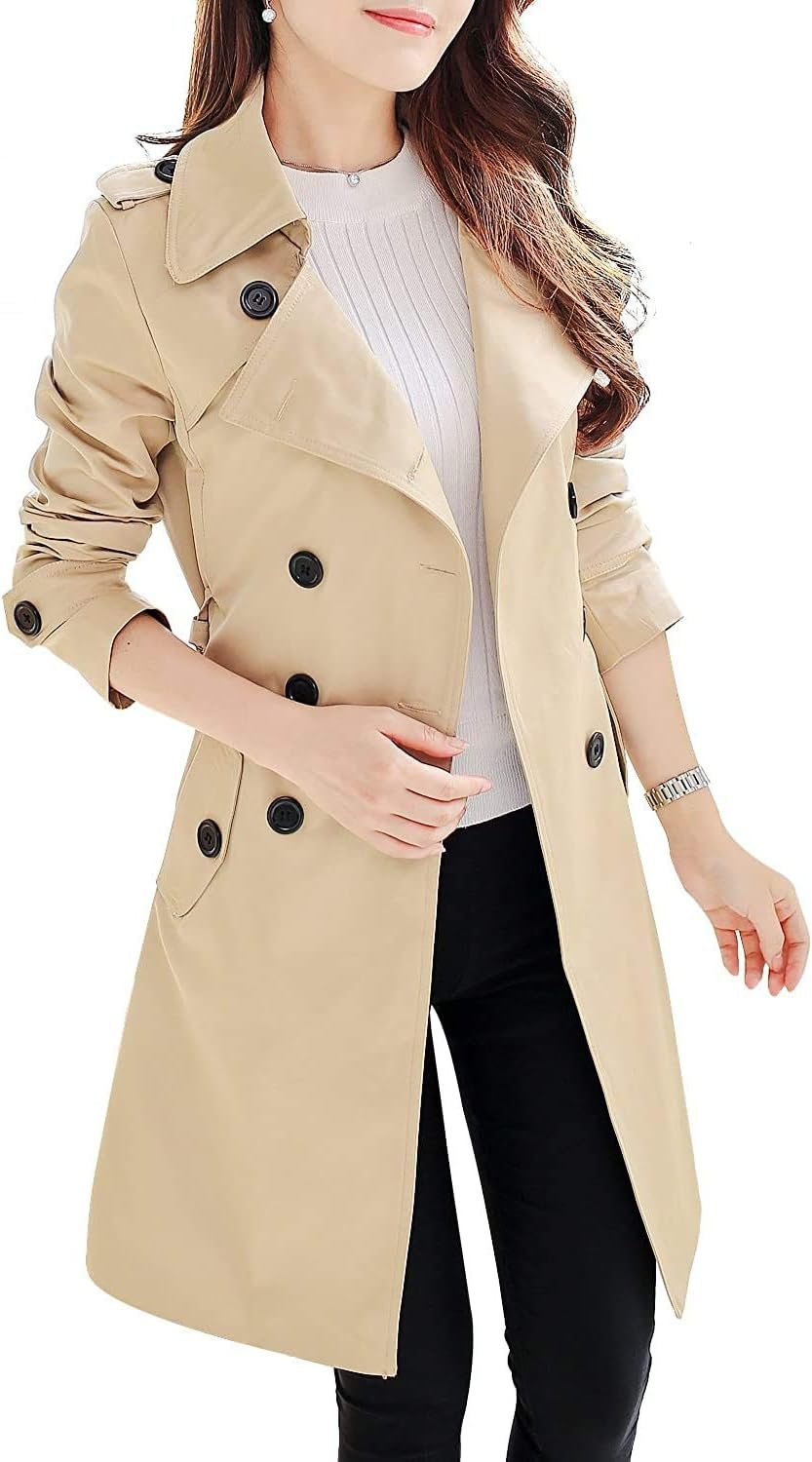 NANJUN Women’s Double-Breasted Trench Coat Classic Lapel Overcoat Slim Outerwear Waterproof Coat with Belt Buckle