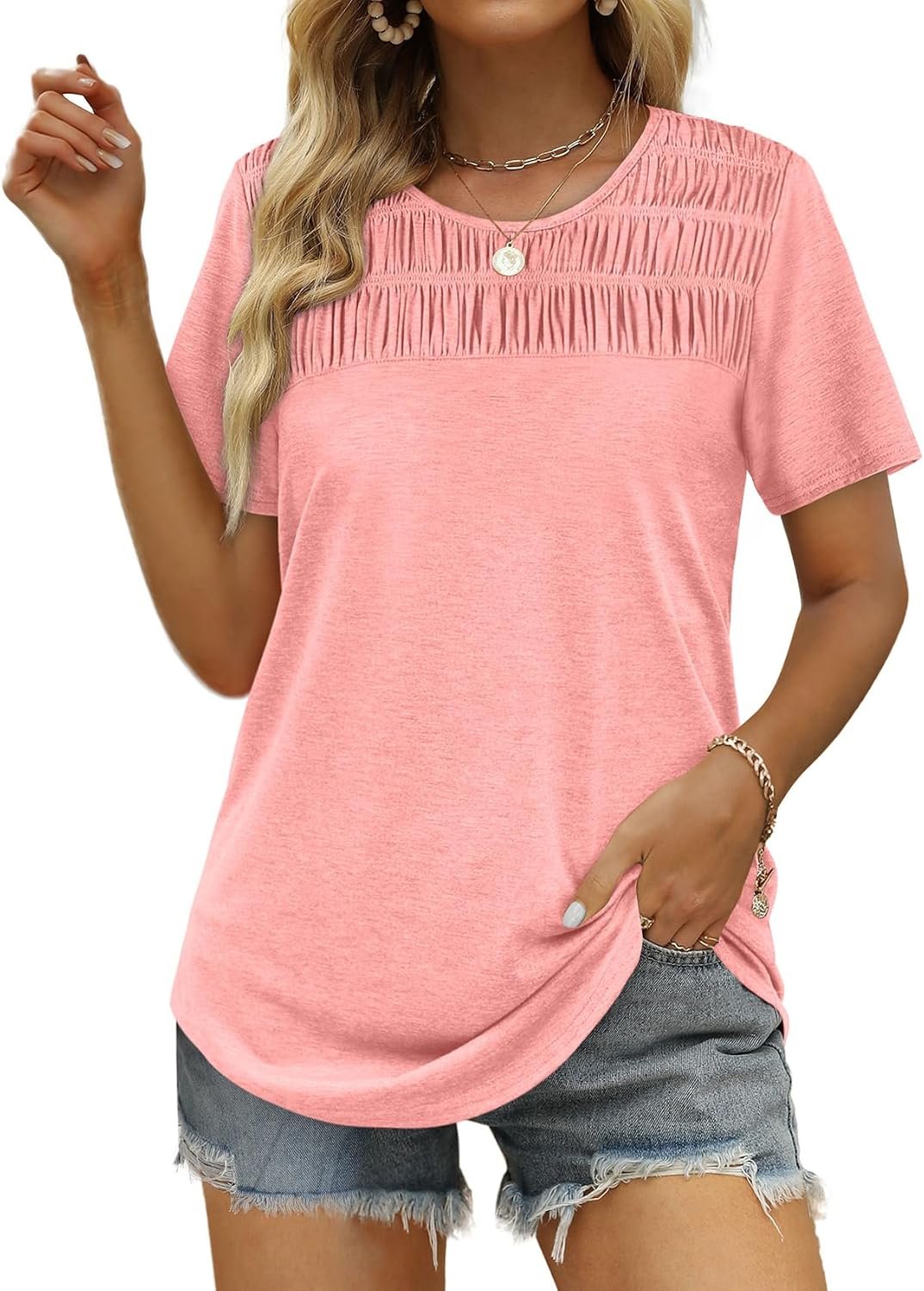 OFEEFAN Women’s Summer Tops 2026 Trendy Short Sleeve Shirts Smocked Crewneck Tee