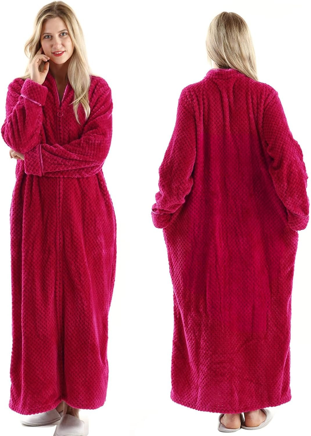 Oksun Womens Fleece Warm Robe: Cozy Flannel Long Zipper Bathrobe – Plush Winter Housecoat Nightgown