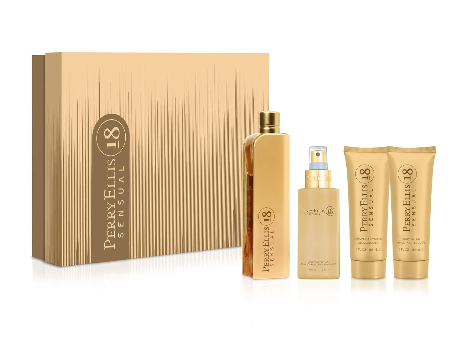 Perry Ellis 18 Sensual 4-Piece Gift Set – Perfume Gift Sets for Women, EDP, Luxury Women’s Self Care Kit with Eau de Parfum, Body Mist, Shower Gel, & Body Lotion