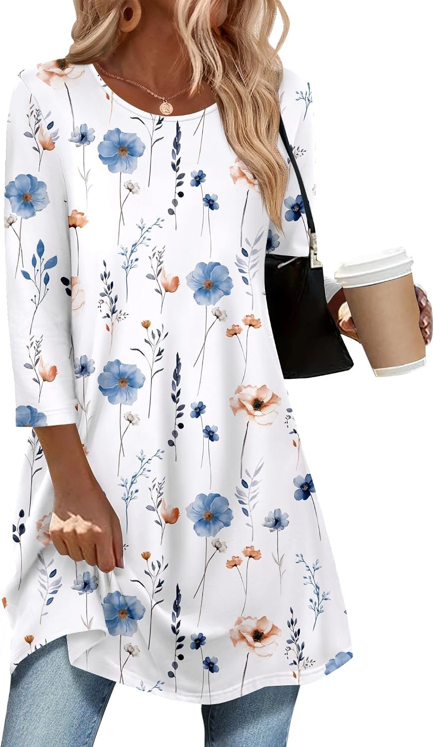 Zeagoo Women Tops 3/4 Sleeve Dressy Casual Plus Size Tunics to Wear with Leggings Swing Flare T-Shirt Loose Blouses