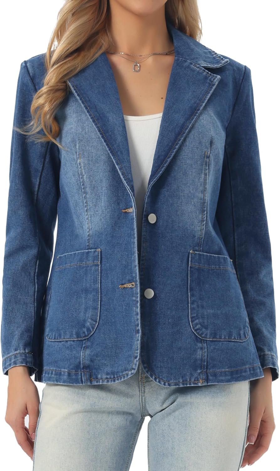 Allegra K Denim Blazer for Women Notched Lapel Long Sleeve Button Up Business Casual Jean Jacket with Pockets
