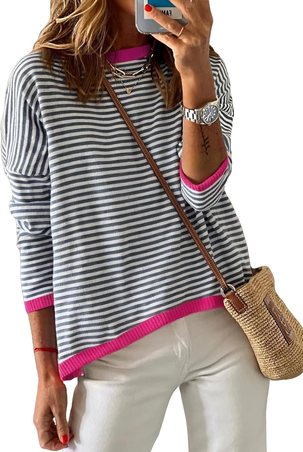 Dokotoo Women’s Long Sleeve Sweaters Casual Crewneck Fashion Spring Striped Color Block Shirts High Low Pullover Sweater Tops