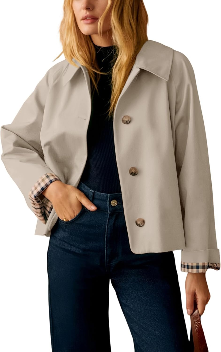 Dqbeng Womens Short Trench Jacket Plaid Lining Button Front Lightweight Classic Casual Outerwear with Pockets