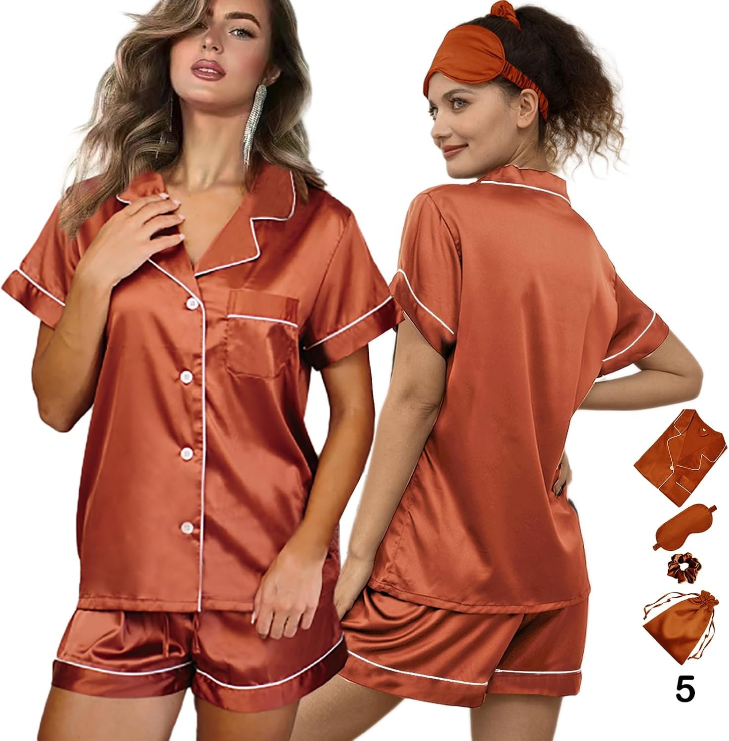 WJing Yi Jia 5Pcs Womens Soft Satin Pajama Set XS-4XL Button-Down Silk Pajamas Floral Sleepwear Bridal Pjs Lounge Pj Sets