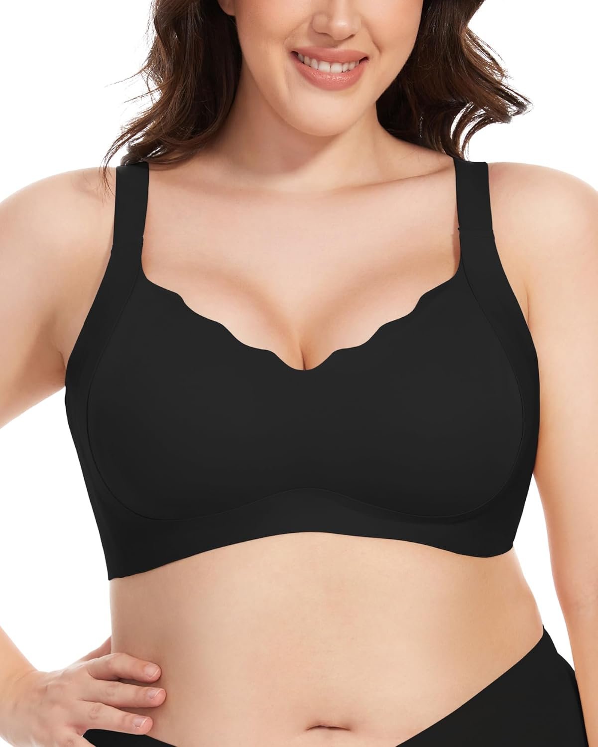 Scalloped Lift Bras for Women No Underwire Buttery Soft Push Up Wireless Bras V Neck Seamless Bralettes