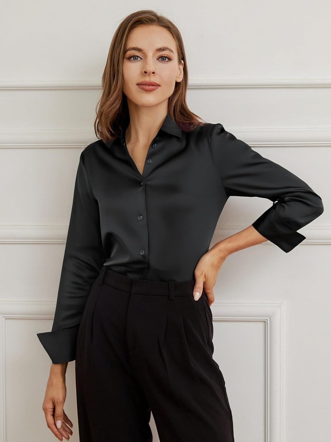 Damipow Satin Silk Button Down Shirts for Women Dress Shirts Long Sleeve Blouses Womens Shirts