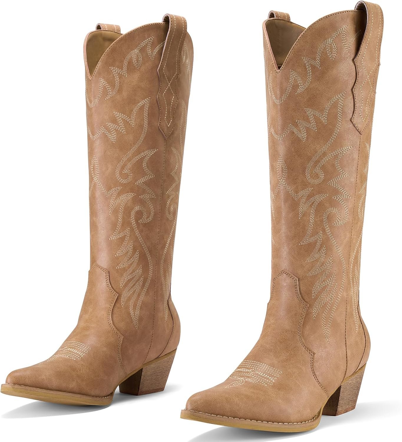 Rollda Cowboy Boots for Women Cowgirl Boots Embroidered Knee-High Western Boots Pointy Toe with Chunky Heel