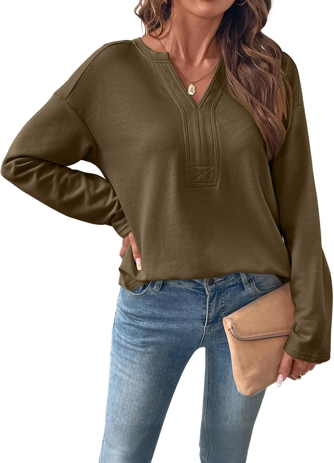 SHEWIN Womens Casual V Neck Sweatshirt Long Sleeve Lightweight Drop Shoulder Solid Pullover Tops