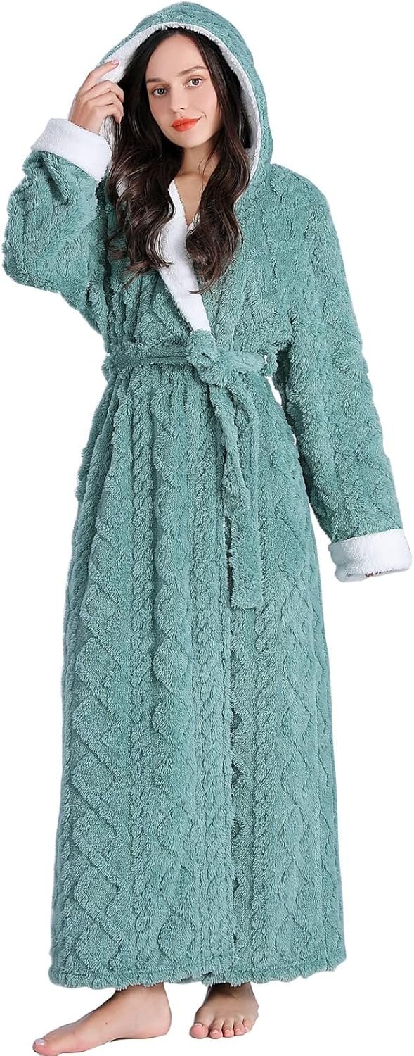 Hooded Robes for Women Long,Sherpa Trim Fleece Bathrobes With Hood Long Plush Soft Warm Winter Robes for Women