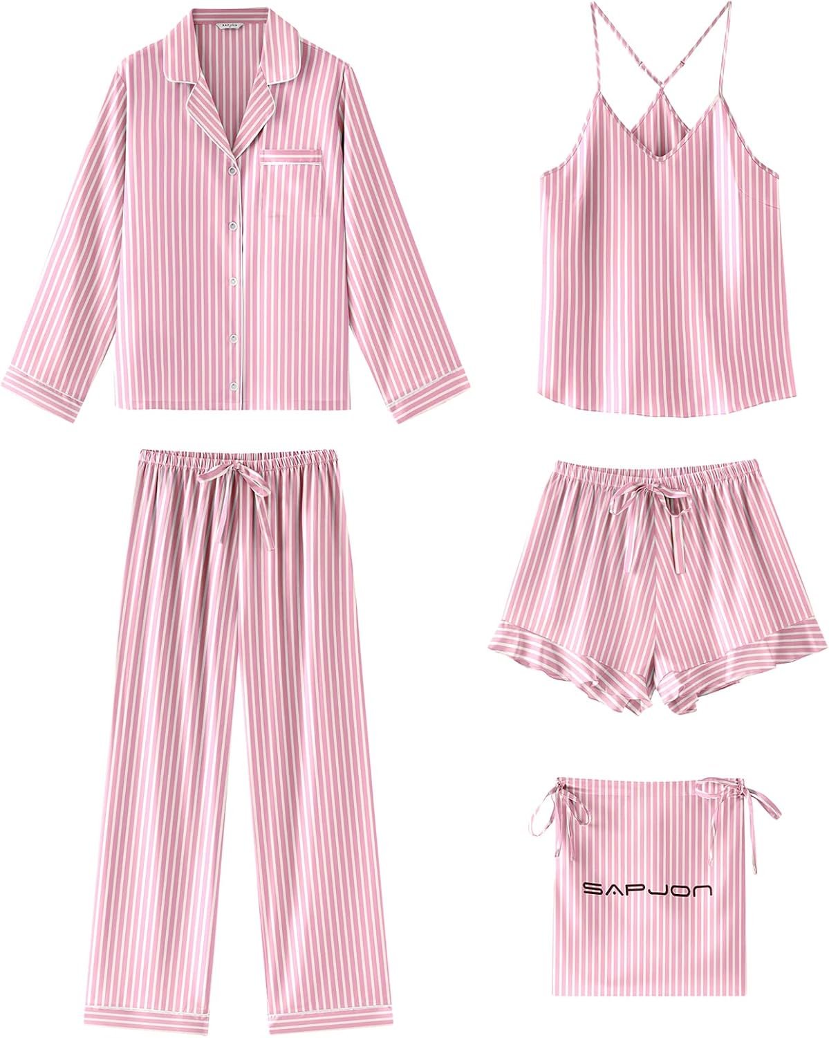 SAPJON Satin Silk Pajamas for Women Set 5PCS Classic Button Down Pajamas Top and Pants Cami and Ruffle Shorts Sleepwear