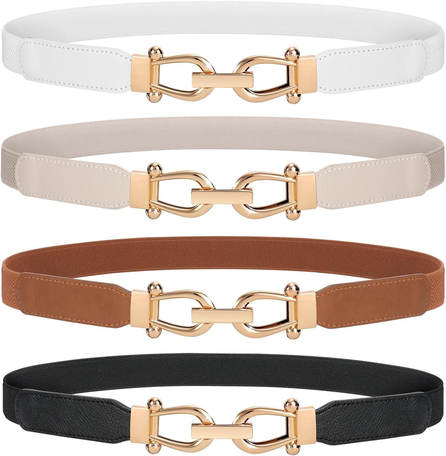 WERFORU Women Skinny Belt for Dresses Retro Stretch Waist Belt with Gold Buckle Set of 4